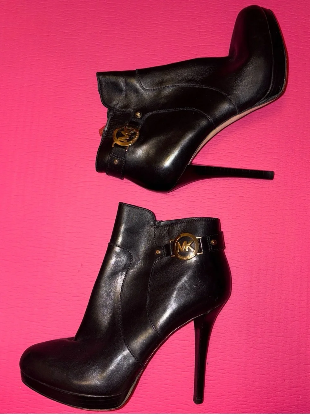 Michael Kors Black Leather Stiletto Ankle Booties with Gold MK Emblem